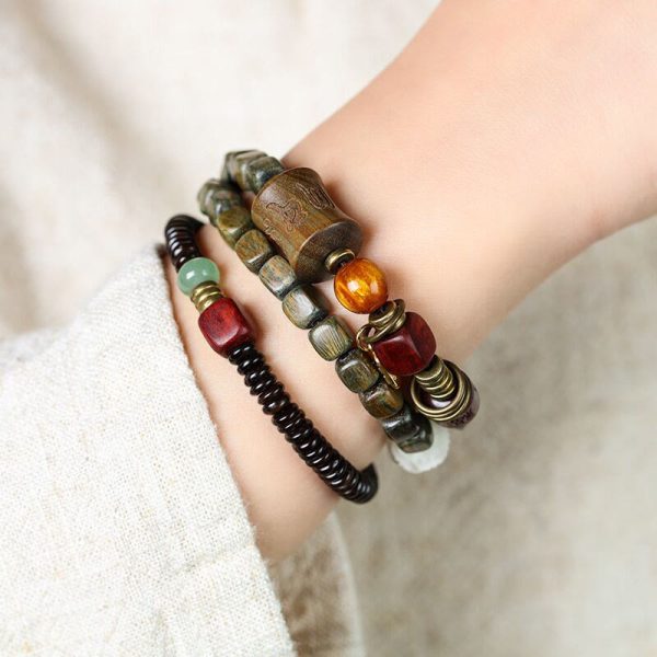 Buddha Stones Green Sandalwood Ebony Om Mani Padme Hum Engraved Peace Triple Wrap Bracelet Online Hot Sale - Image 2