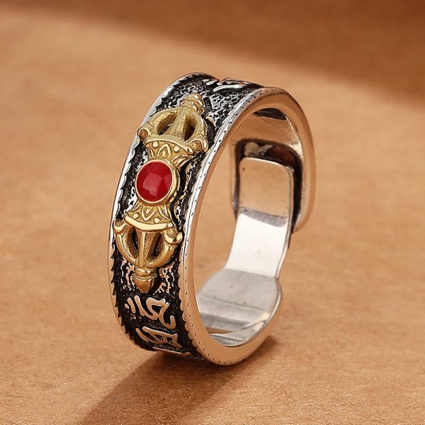Buddha Stones Tibetan Om Mani Padme Hum Red Agate Dorje Vajra Design Wisdom Ring Fashion