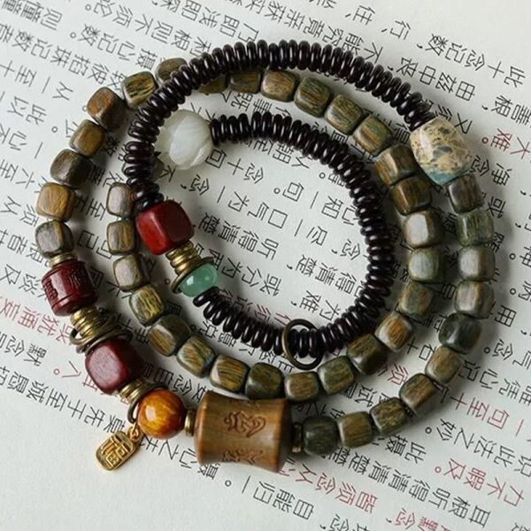Buddha Stones Green Sandalwood Ebony Om Mani Padme Hum Engraved Peace Triple Wrap Bracelet Online Hot Sale - Image 5
