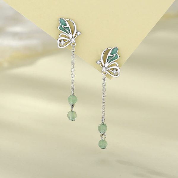 Buddha Stones 925 Sterling Silver Natural Green Aventurine Butterfly Luck Necklace Pendant Earrings Set Online now - Image 5