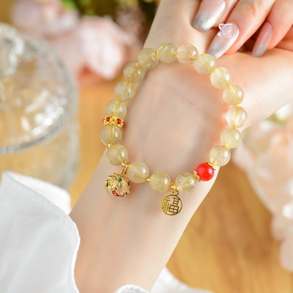 Buddha Stones Natural Golden Rutilated Quartz Fu Character Charm Bell Wealth Bracelet For Discount