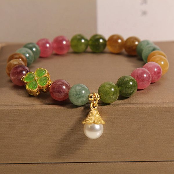 Buddha Stones Colorful Tourmaline Four Leaf Clover Flower Wisdom Bracelet Online