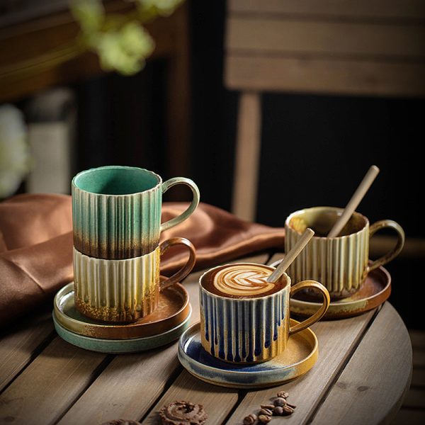 Buddha Stones Retro Striped Kiln Change Ceramic Coffee Mug Rough Pottery Tea Coffee Cup With Saucer 250ml on Sale