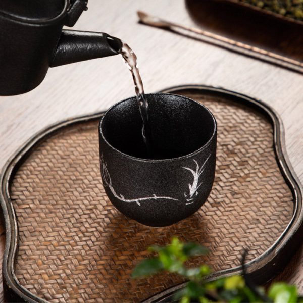 Buddha Stones Hand Painted Lotus Flower Bamboo Chrysanthemum Black Pottery Ceramic Teacup Kung Fu Tea Cup 95ml Cheap - Image 3