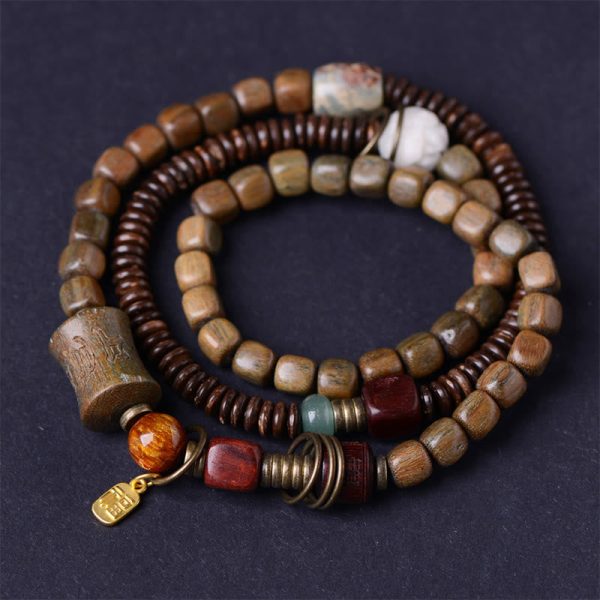 Buddha Stones Green Sandalwood Ebony Om Mani Padme Hum Engraved Peace Triple Wrap Bracelet Online Hot Sale