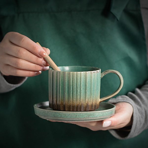 Buddha Stones Retro Striped Kiln Change Ceramic Coffee Mug Rough Pottery Tea Coffee Cup With Saucer 250ml on Sale - Image 5