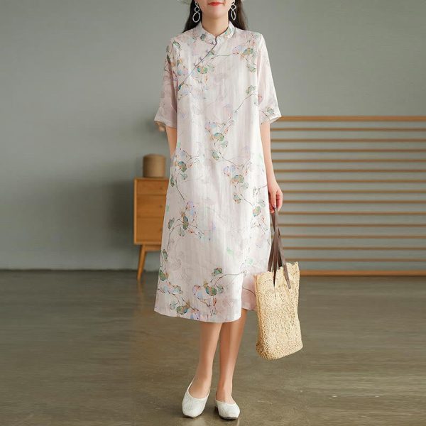 Buddha Stones Frog-button Leaves Branches Midi Dress Cotton Linen Short Sleeve Dress With Pockets Cheap - Image 2
