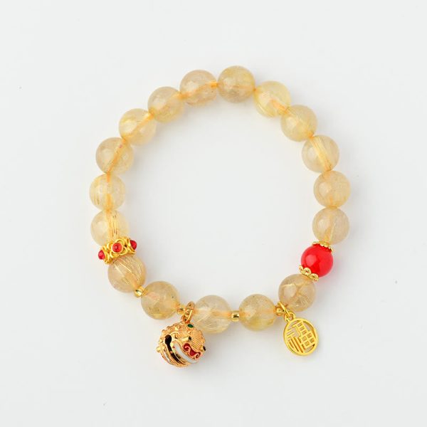 Buddha Stones Natural Golden Rutilated Quartz Fu Character Charm Bell Wealth Bracelet For Discount - Image 5