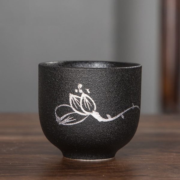 Buddha Stones Hand Painted Lotus Flower Bamboo Chrysanthemum Black Pottery Ceramic Teacup Kung Fu Tea Cup 95ml Cheap - Image 2