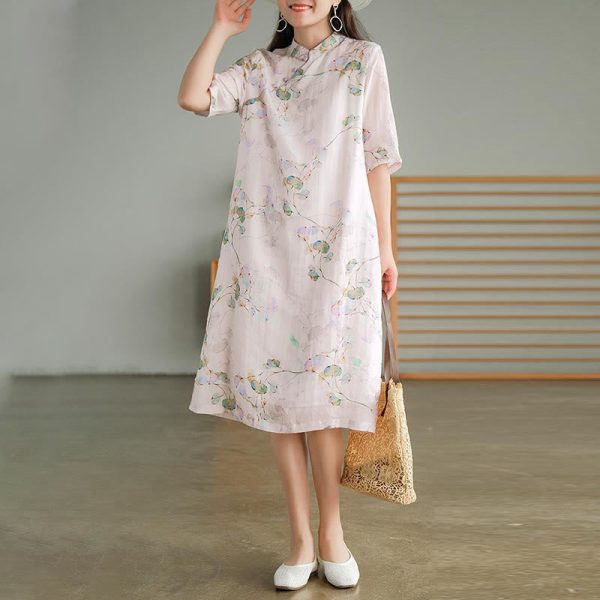 Buddha Stones Frog-button Leaves Branches Midi Dress Cotton Linen Short Sleeve Dress With Pockets Cheap - Image 4
