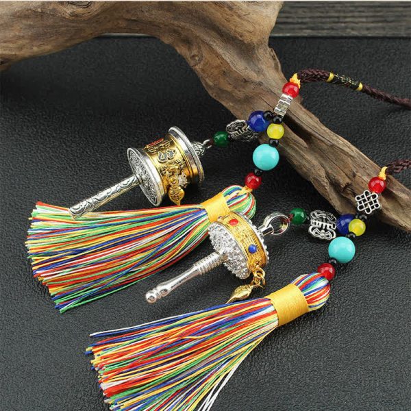 Buddha Stones Tibet Om Mani Padme Hum Prayer Wheel Tassel Bag Car Hanging Decoration Online Sale - Image 3