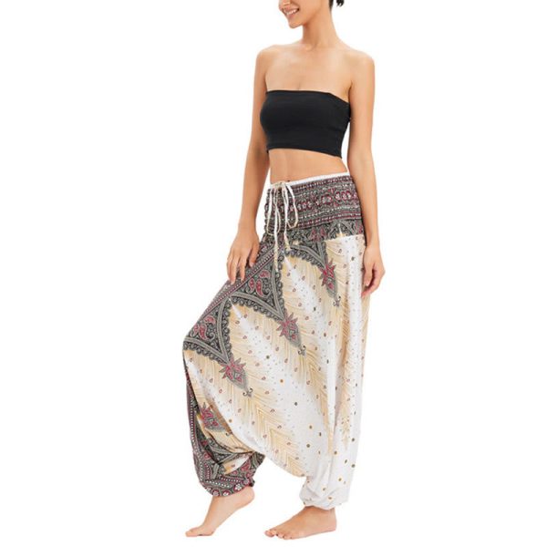 Buddha Stones Two Style Wear Peacock Feather Loose Smocked Harem Trousers Jumpsuit High Waist Pants Fashion - Image 3