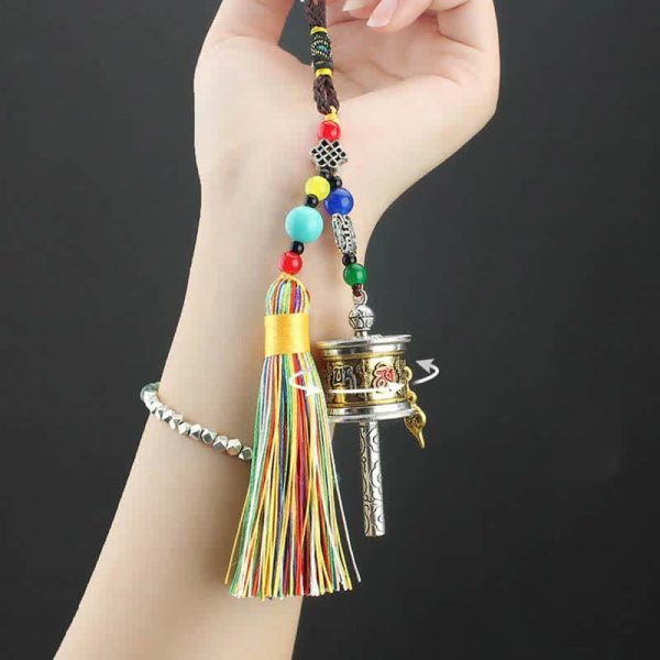 Buddha Stones Tibet Om Mani Padme Hum Prayer Wheel Tassel Bag Car Hanging Decoration Online Sale - Image 5
