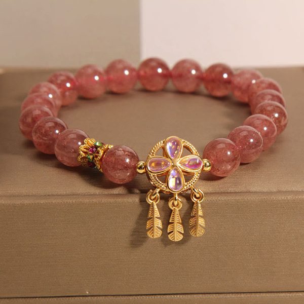 Buddha Stones Natural Strawberry Quartz Four Leaf Clover Dreamcatcher Charm Love Bracelet For Cheap - Image 4