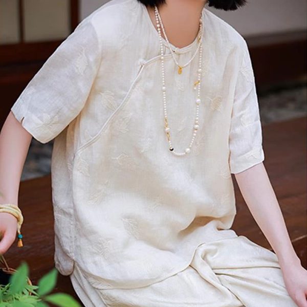 Buddha Stones Ramie Linen Loose Blouse Short Sleeve Shirt Chinese Style Top Online - Image 3