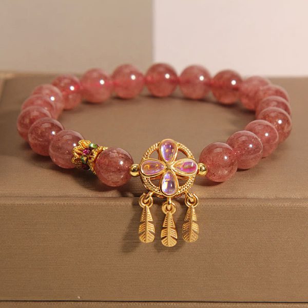Buddha Stones Natural Strawberry Quartz Four Leaf Clover Dreamcatcher Charm Love Bracelet For Cheap