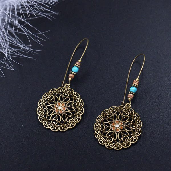 Buddha Stones Round Flower Design Luck Dangle Drop Earrings Online - Image 3