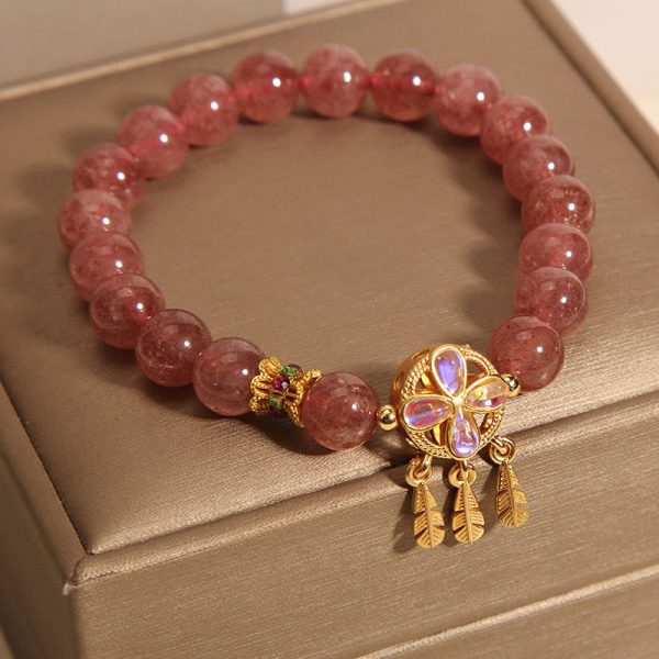 Buddha Stones Natural Strawberry Quartz Four Leaf Clover Dreamcatcher Charm Love Bracelet For Cheap - Image 2