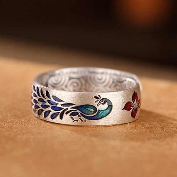 Buddha Stones 999 Sterling Silver Peacock Auspicious Clouds Engraved Lotus Flower Fortune Ring Online now - Image 5
