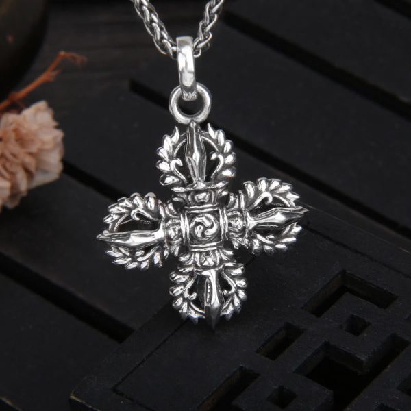 Buddha Stones 925 Sterling Silver Double Dorje Vajra Spiritual Strength Necklace Pendant Online Hot Sale