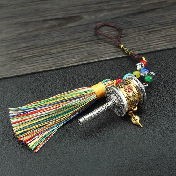 Buddha Stones Tibet Om Mani Padme Hum Prayer Wheel Tassel Bag Car Hanging Decoration Online Sale - Image 2
