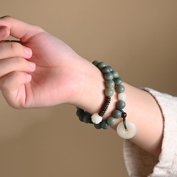 Buddha Stones Cyan Bodhi Seed Lotus Jade Peace Buckle Wisdom Double Wrap Bracelet Hot on Sale - Image 3