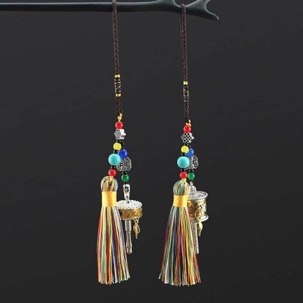 Buddha Stones Tibet Om Mani Padme Hum Prayer Wheel Tassel Bag Car Hanging Decoration Online Sale - Image 4