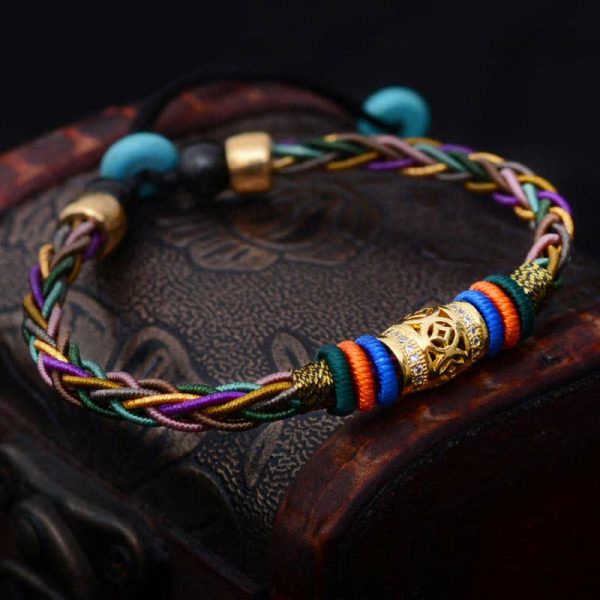 Buddha Stones Tibetan Handmade Eight Thread Knot Copper Coin Luck Weave String Bracelet Online Sale - Image 2
